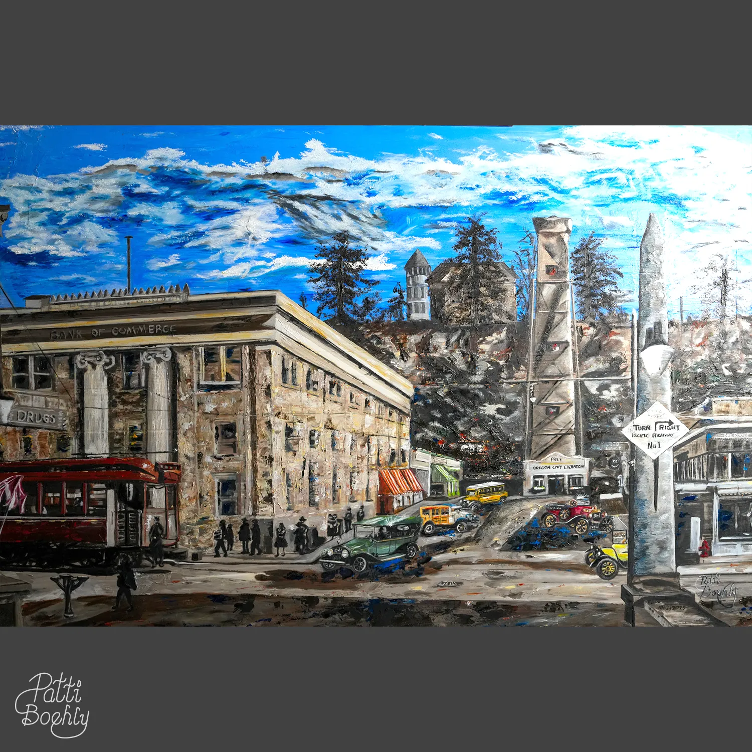 Rise Above the Falls (Historic Downtown Oregon City Elevator) - Patti Boehly Oil Painting